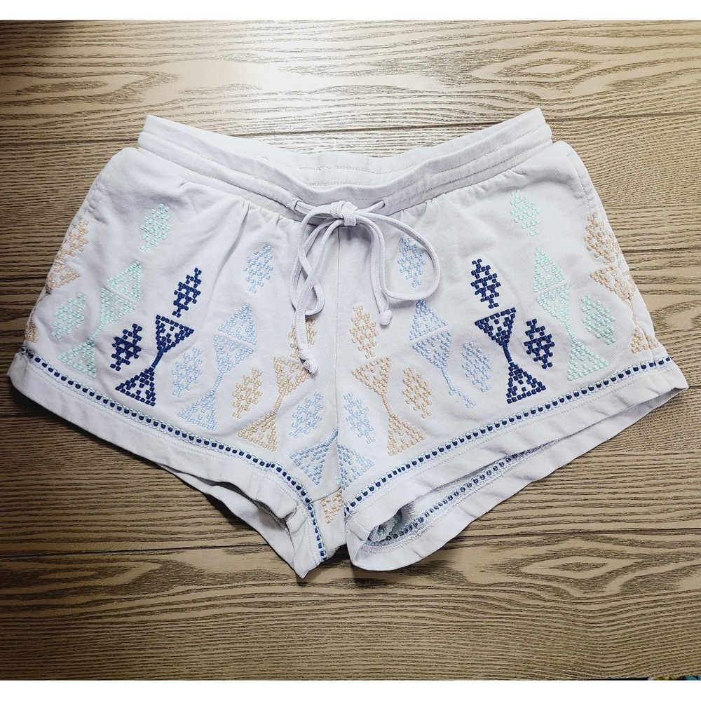 Daily Practice by Anthropologie Knit Shorts Gray Blue Embroidered Pull-On Boho S